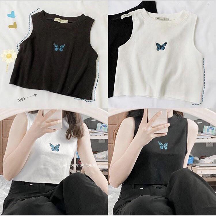 Áo Croptop Áo Ba Lỗ Nữ Thêu Bướm Xinh Xắn Chất Thun Cotton Mát Lịm