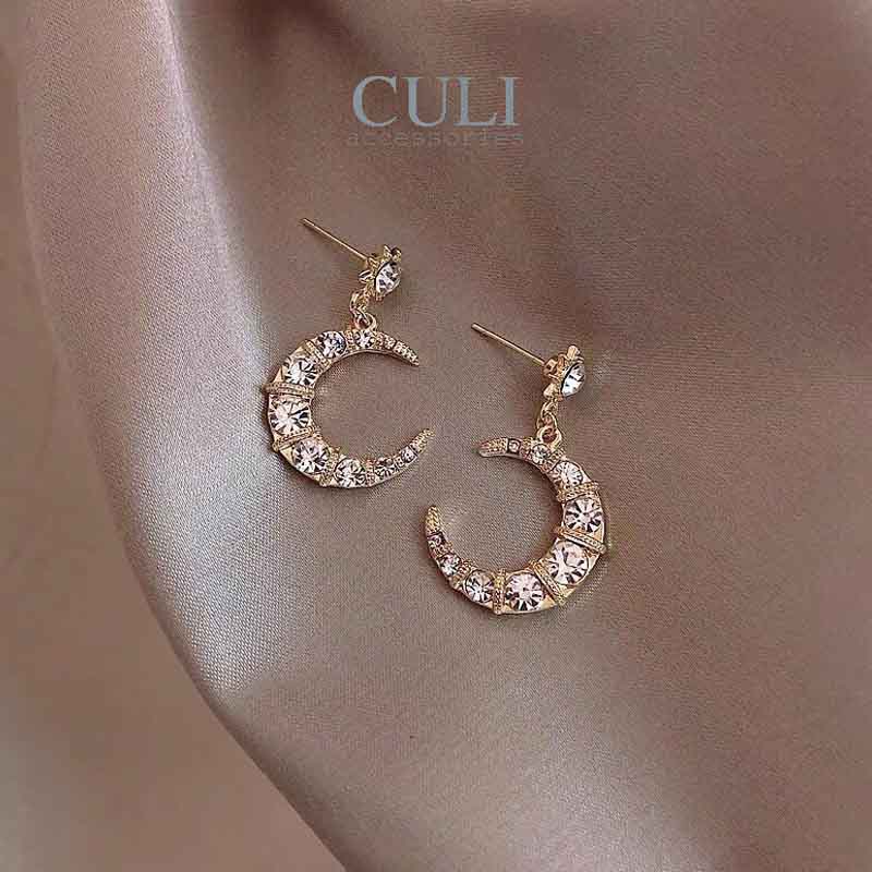 Bông tai, Khuyên tai dáng dài hình trăng khuyết kết đá sang trọng HT669 - Culi accessories