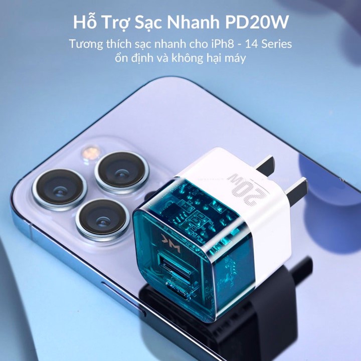 Củ Sạc trong suốt Wekome WP-U149 20w, cốc sạc nhanh PD 2 cổng TypeC và USB