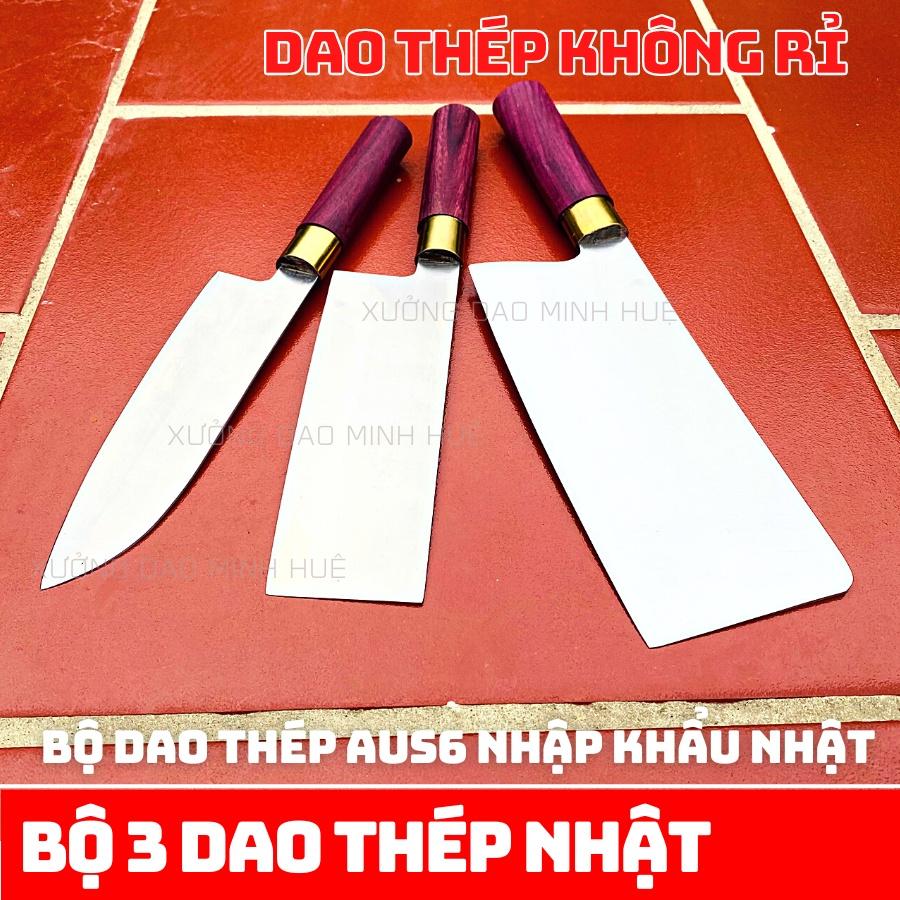 Dao thép trắng không rỉ cao cấp , bộ dao thép nhật 3 món chặt thái đa năng xưởng dao minh huệ