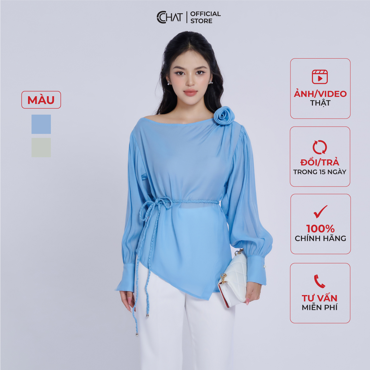Áo Kiểu Nữ  Lệch Vai Tay Bồng Dáng Suông Chất Voan Cao Cấp 53ADV2014ST