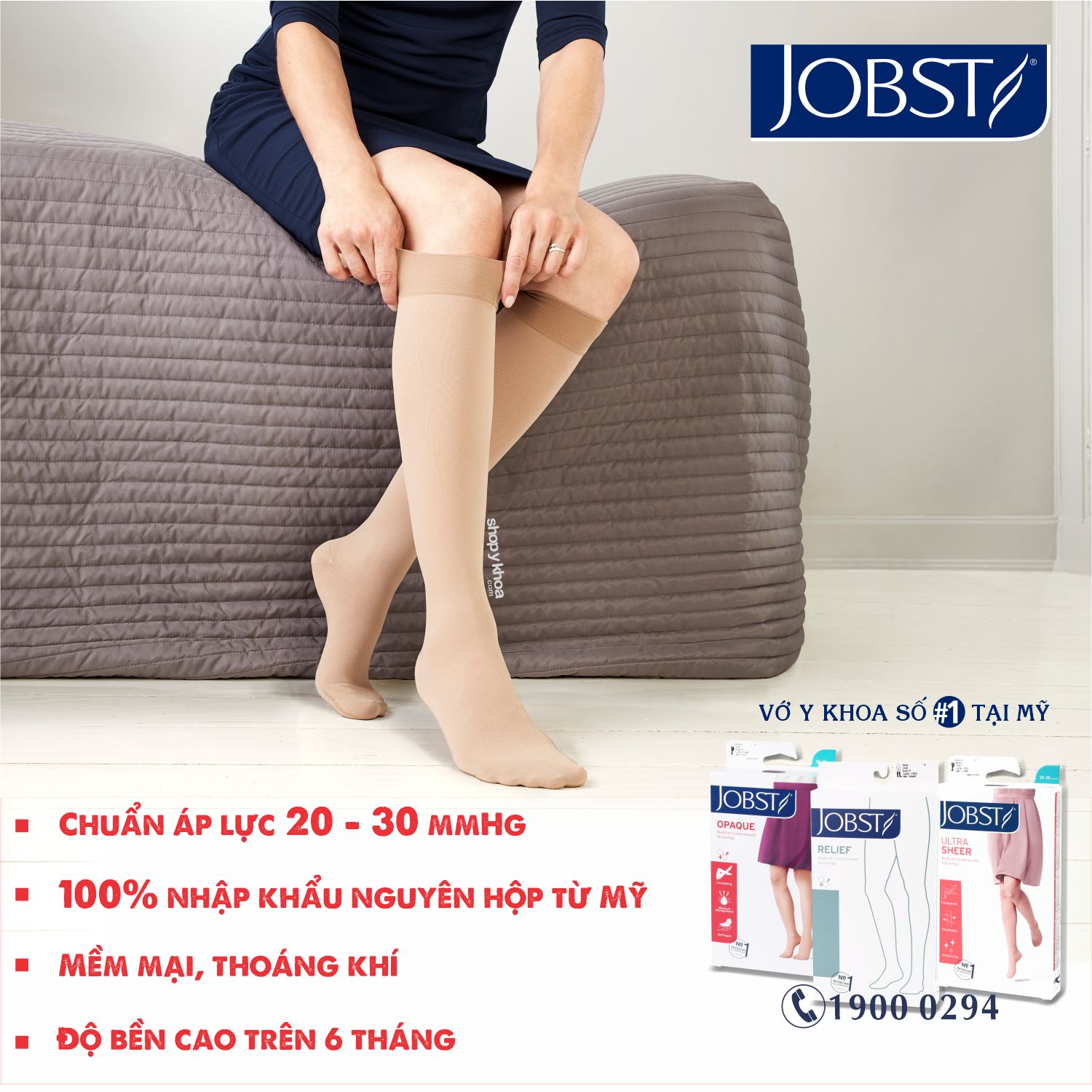 Vớ y khoa gối JOBST Relief - Cơ bản, màu đen, kín ngón, 20-30mmHg, giãn tĩnh mạch chân