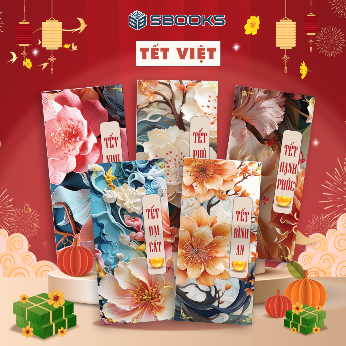 Combo 5 Cái Bao Lì Xì Thiết Kế Họa Tiết Hoa Mẫu Đơn 2025 Giấy Cứng C150 Siêu Dày Dặn - SBOOKS