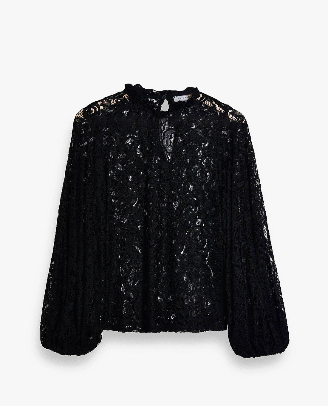 TOPSHOP - Áo kiểu nữ cổ tròn tay dài phối lưới Black Volume 13D24TBLK