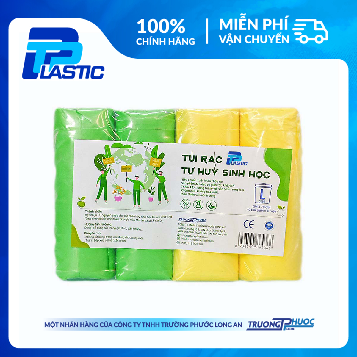 Túi Rác Tự Huỷ Sinh Học TPP, Đáy Sao Có Quai, Nhựa HDPE, 20 Cái/Cuộn x 4, Size L