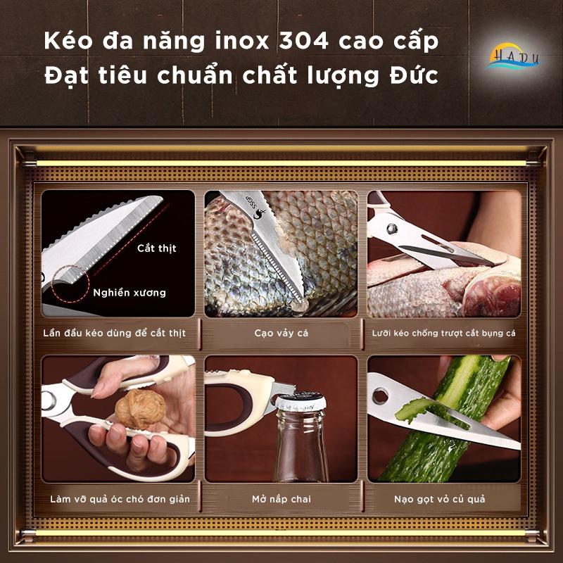 Kéo cắt gà nhà bếp inox 304 cao cấp độ cứng cao cắt sắc bén tay cầm êm ái kéo làm bếp đa năng cạo vảy cá nạo củ quả HADU