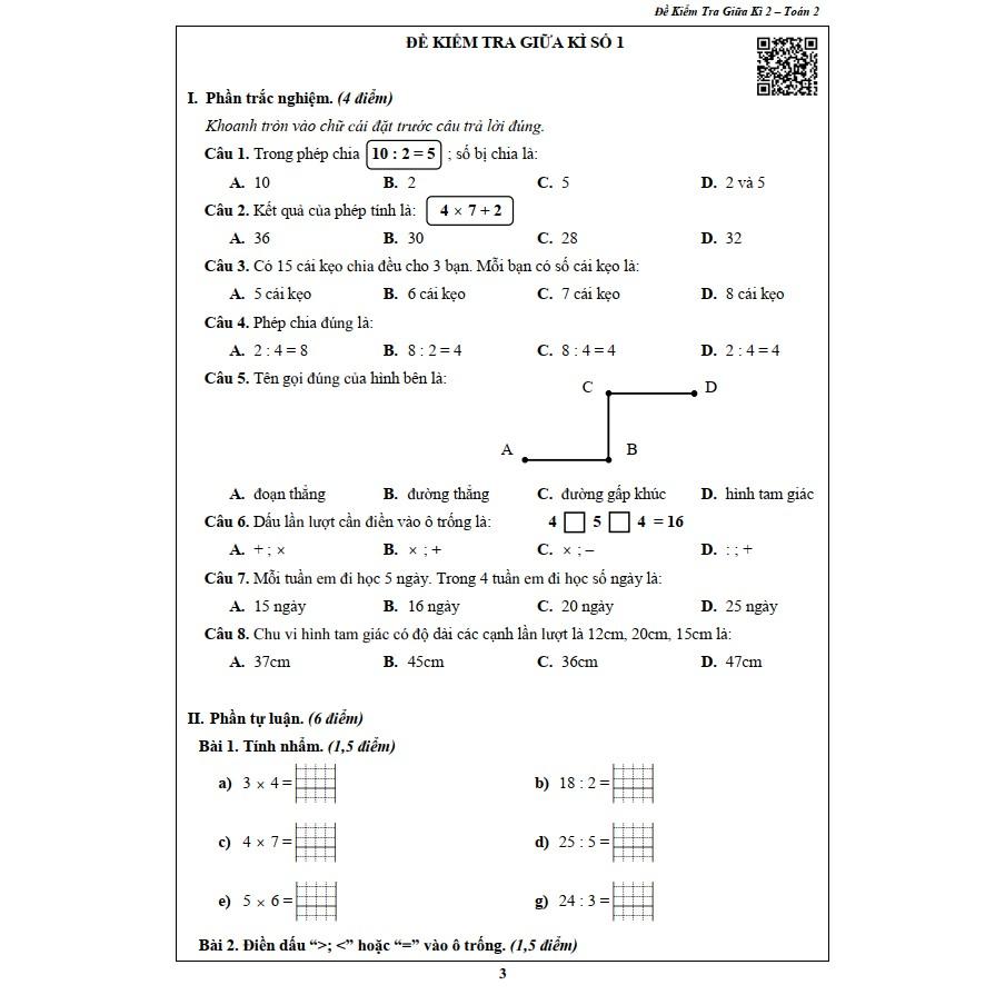 Đề Kiểm Tra Toán Lớp 4 Học Kỳ 1 (1 cuốn)