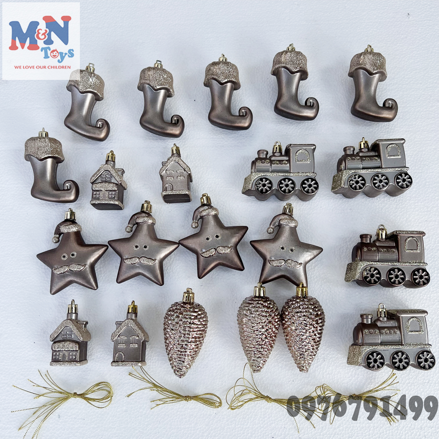 Set 21 món đồ treo cây thông Noel trang trí Giáng Sinh màu ghi xám phủ nhũ lấp lánh sang trọng