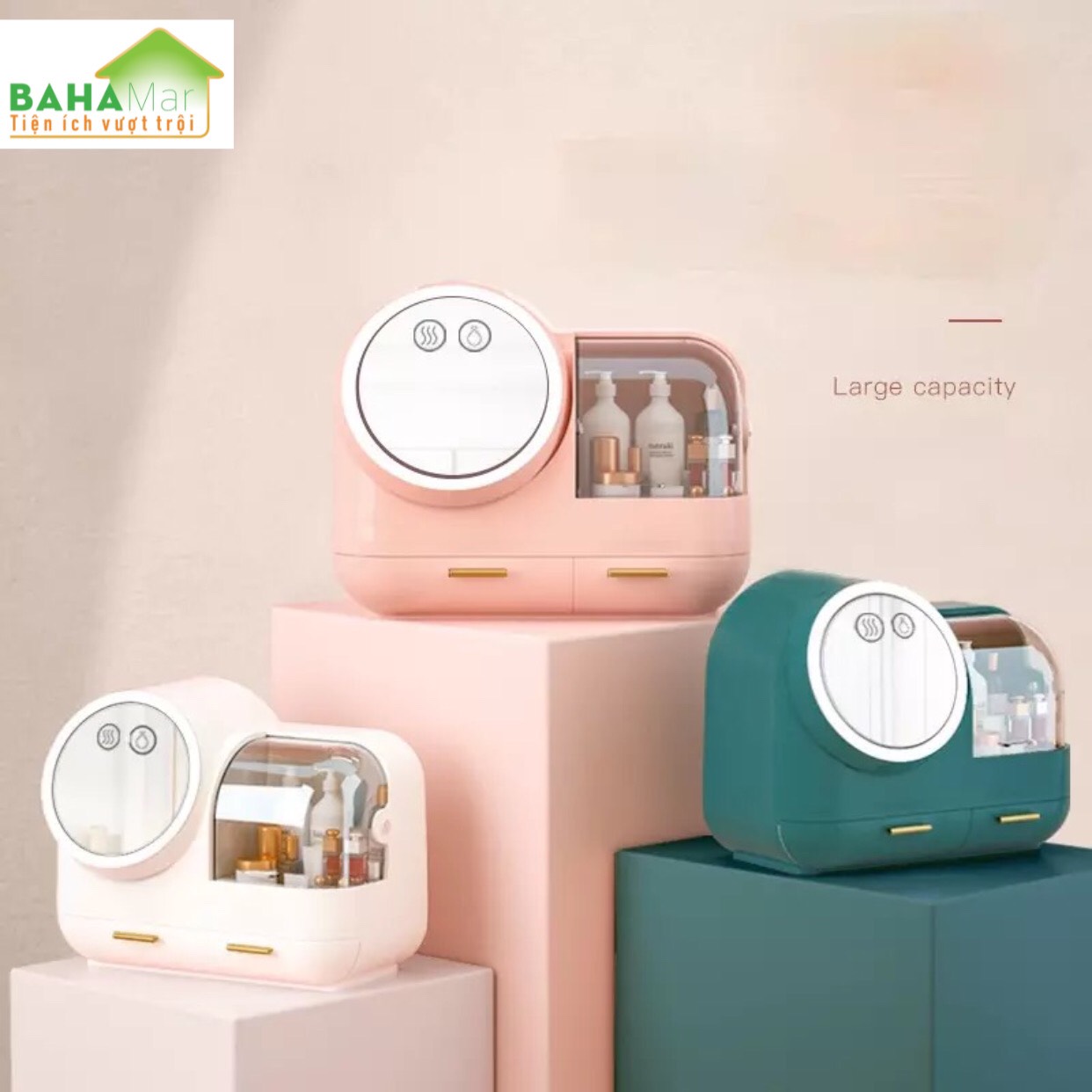 HỘP ĐỰNG MỸ PHẨM CÓ GƯƠNG TRANG ĐIỂM ĐÈN LED QUẠT BAHAMAR có quạt thổi khô lớp trang điểm thiết kế tay cầm dễ dàng xách di chuyển hộp chống bụi v