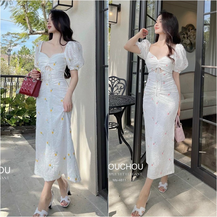 ĐẦN DÀI SUÔNG ÔM BODY CỔ U TRƠN HOA FLORAL DÂY RÚT TAY NGẮN BỒNG MIDI DẠO PHỐ ĐI BIỂN ĐI TIỆC