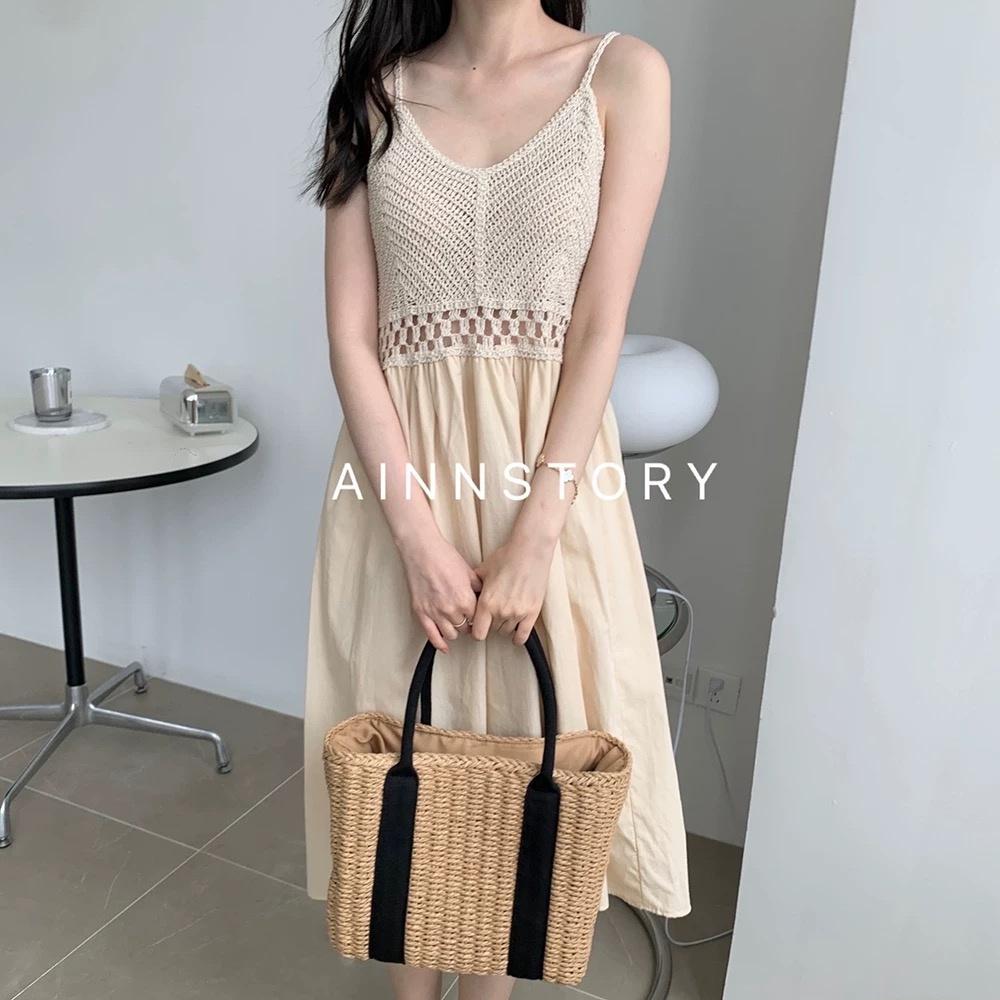 MS592 Váy maxi hai dây đan móc đi biển, đầm dáng xoè dễ thương