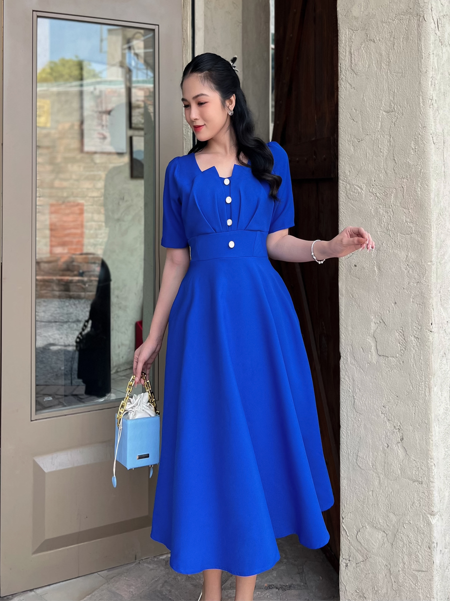 [HCM] MS075 Đầm xòe phối nút cách điệu cho cô nàng thêm xinh  - Khánh Linh Style