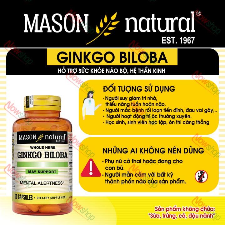 Viên uống bổ não Mason Natural Ginkgo Biloba 125mg hỗ trợ tăng cường trí nhớ tăng tuần hoàn máu