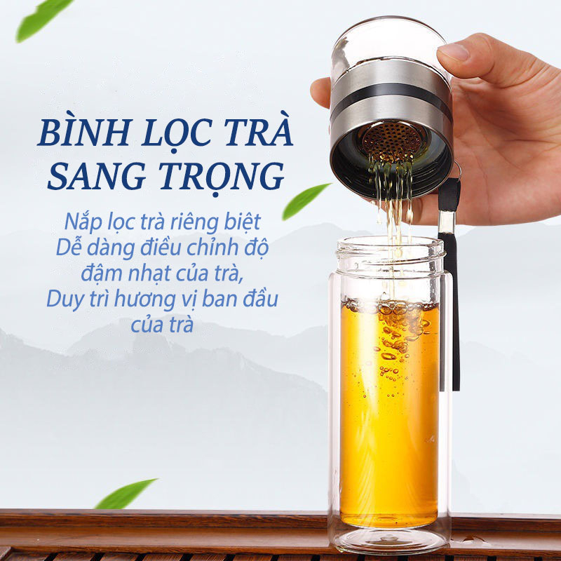 Bình Thủy Tinh Giữ Nhiệt Pha Trà 2 Lớp Cách Nhiệt Có Lõi Lọc Inox 304 Size To 470ml