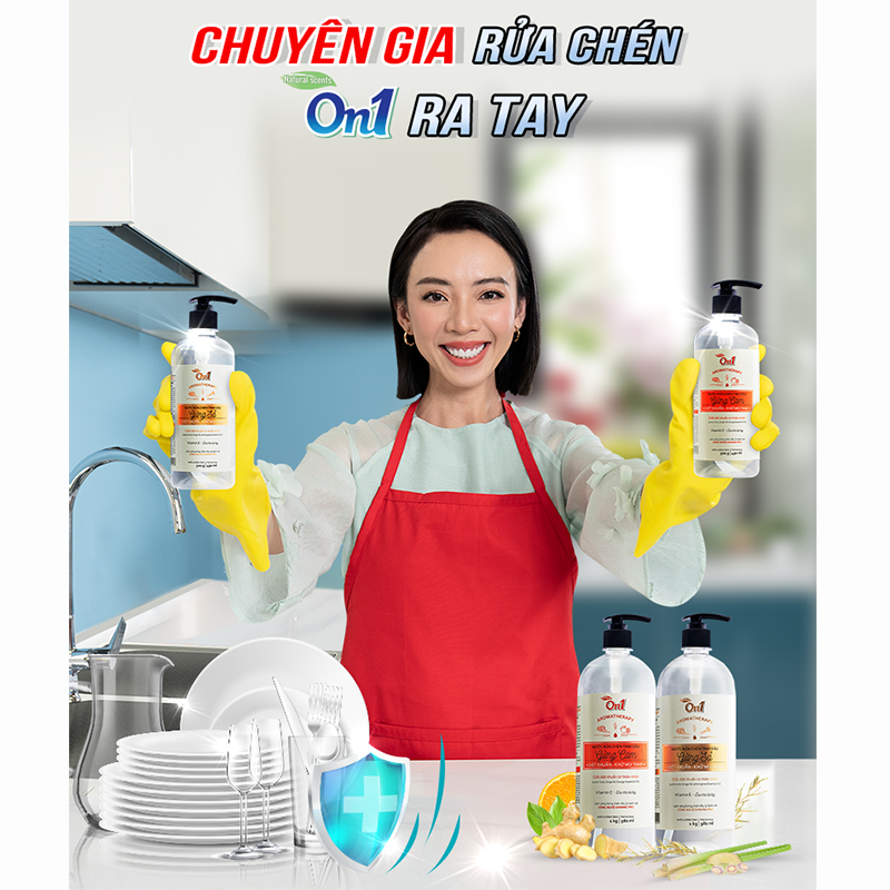 Nước Rửa Chén On1 Tinh Dầu Gừng Cam 1Kg, Diệt Khuẩn, Khử Mùi Tanh