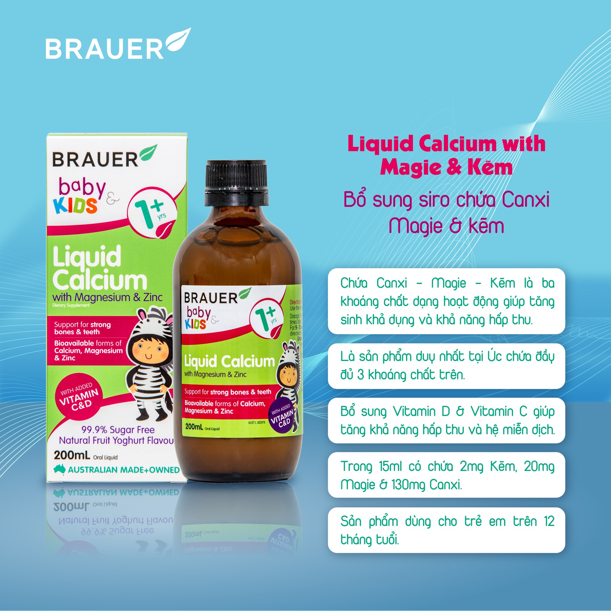 Calcium (canxi) hữu cơ, vitamin D3 cho trẻ sơ sinh, trẻ nhỏ Brauer Úc hỗ trợ phát triển chiều cao, cơ bắp, ngủ ngon, tăng hệ miễn dịch-OZ Slim Store