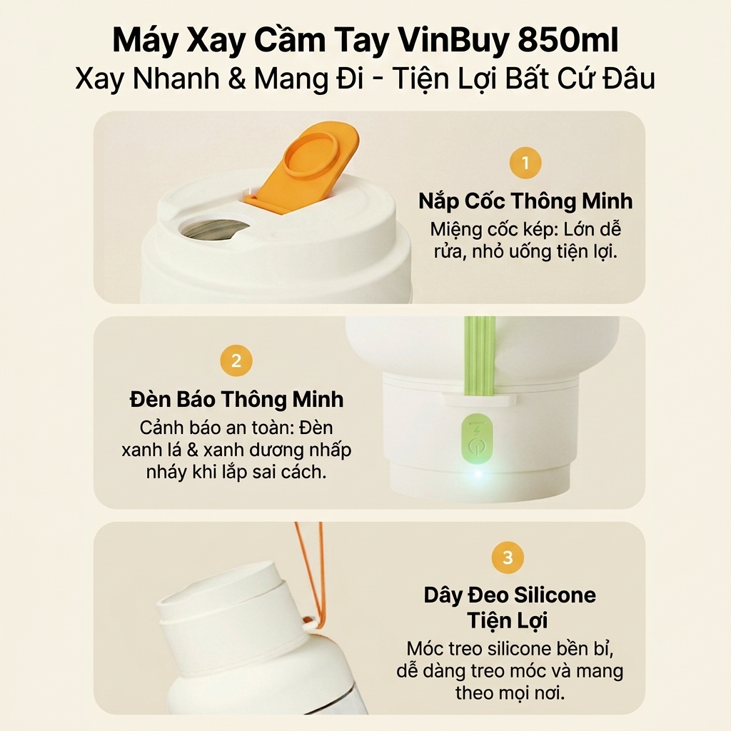 Máy Xay Sinh Tố Cầm Tay VinBuy 850ml - 12 Lưỡi Dao Inox 304, Xay Khỏe, Pin Siêu Lâu, Sạc Type-C, Bảo Hành 12 tháng Hàng chính hãng