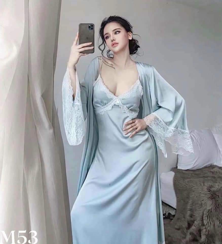 [Hantu Sleepwear]-Set áo choàng + váy ngủ lụa dáng dài qua gối mặc nhà sang trọng ,sexy-Màu xanh xám kèm đai áo choàng