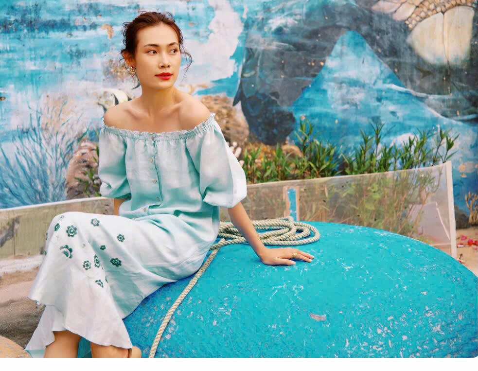 Đầm Midi Linen Thêu Tay Hạ Vy Dre210 thời trang thiết kế Hity