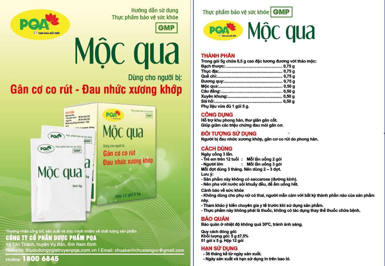 Cốm PQA Mộc Qua là dược phẩm thảo dược hỗ trợ khu phong hàn, thư giãn gân cốt, giúp hạn chế các triệu chứng đau mỏi gân cơ.