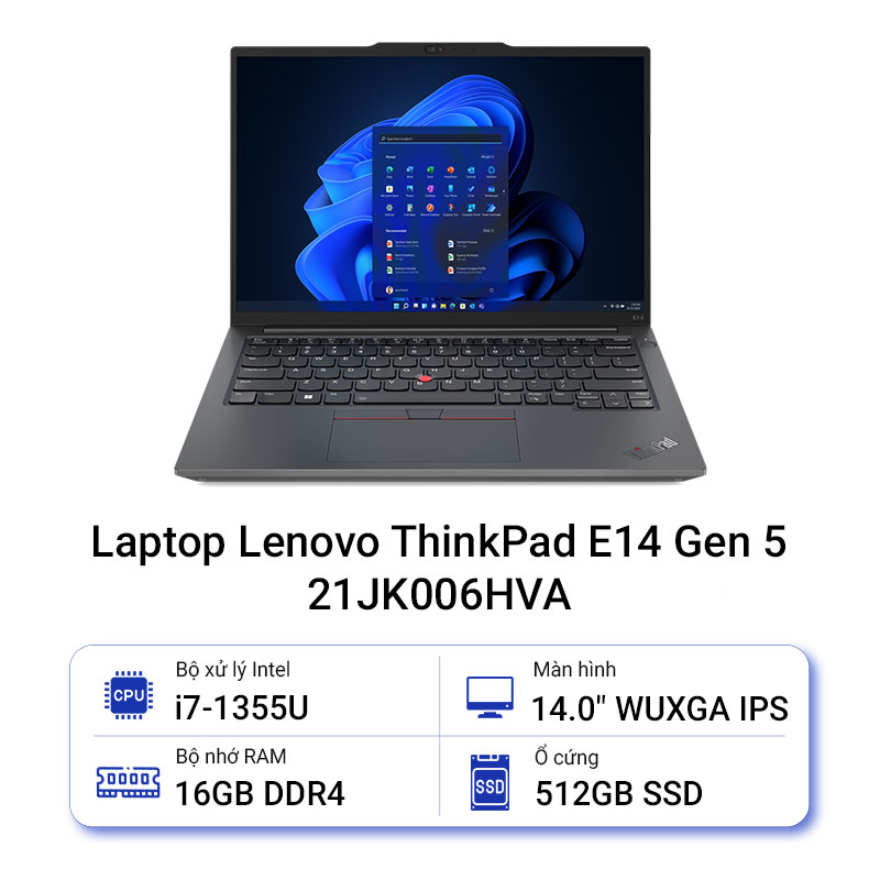 Lenovo ThinkPad  E14 Gen 5 21JK006HVA (Intel Core i7-1355U | 16GB | 512GB | Intel Iris Xe | 14 inch WUXGA | No OS | Đen) - HÀNG CHÍNH HÃNG