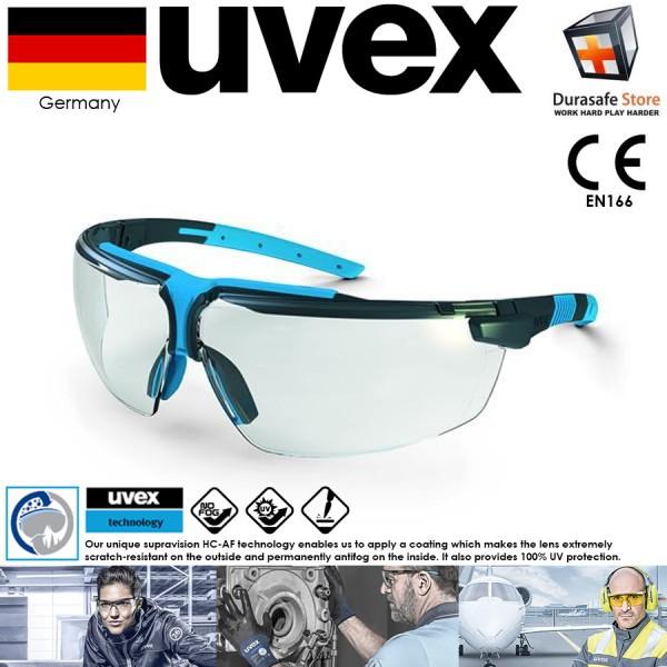 KÍNH UVEX 9190275 I-3 Safety Glasses Clear Supravision HC-AF Len (Gọng Đen phối Xanh, Tròng Trong Suốt), (kèm hộp)