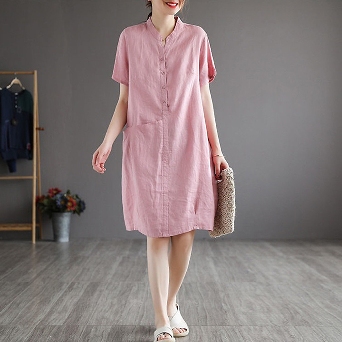 Đầm suông Linen bột Premium tay cộc cổ trụ túi chéo