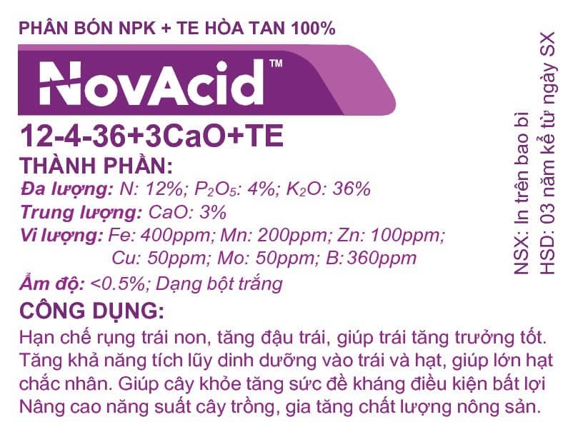 Phân bón hòa tan Israel Novacid 12-40-36+3CaO+Te, Hoà tan 100% sử dụng cho hệ thống tưới nhỏ giọt và tưới phun. Hạn chế rụng trái non, thúc hoa ra màu đẹp và tăng sức đề kháng cho cây trồng