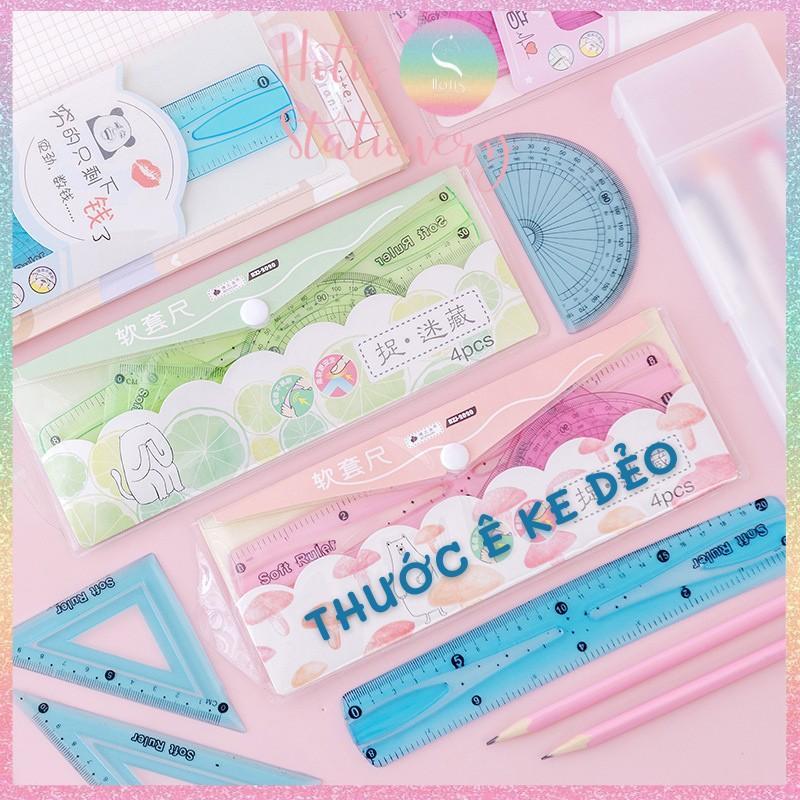 Bộ 4 thước ê ke nhựa dẻo Soft Ruler nhiều màu, không lo gãy