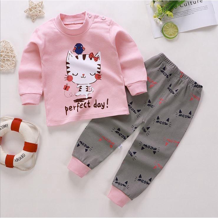 Quần áo thu đông bé gái Đồ ngủ cho bé gái Bộ quần áo thun dài tay cotton Mèo đáng yêu 7 - 27kg - Me Yeu Con 1102