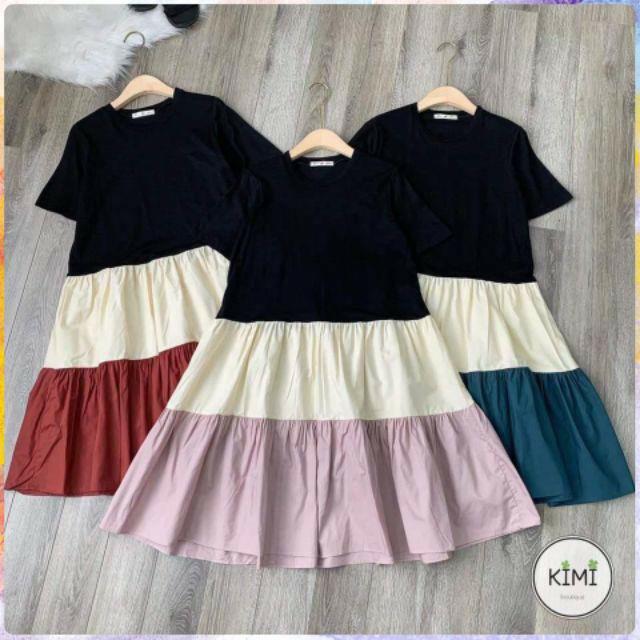 Váy bầu công sở 3 tầng nhún dáng babydoll