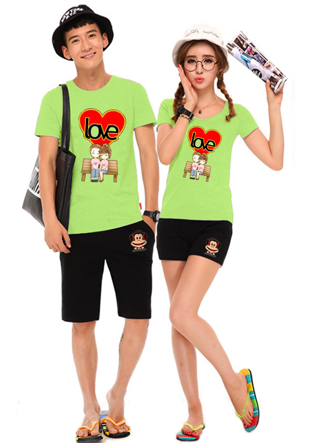 Bộ Áo Thun Đôi Nam Nữ Love Màu Xanh Chuối