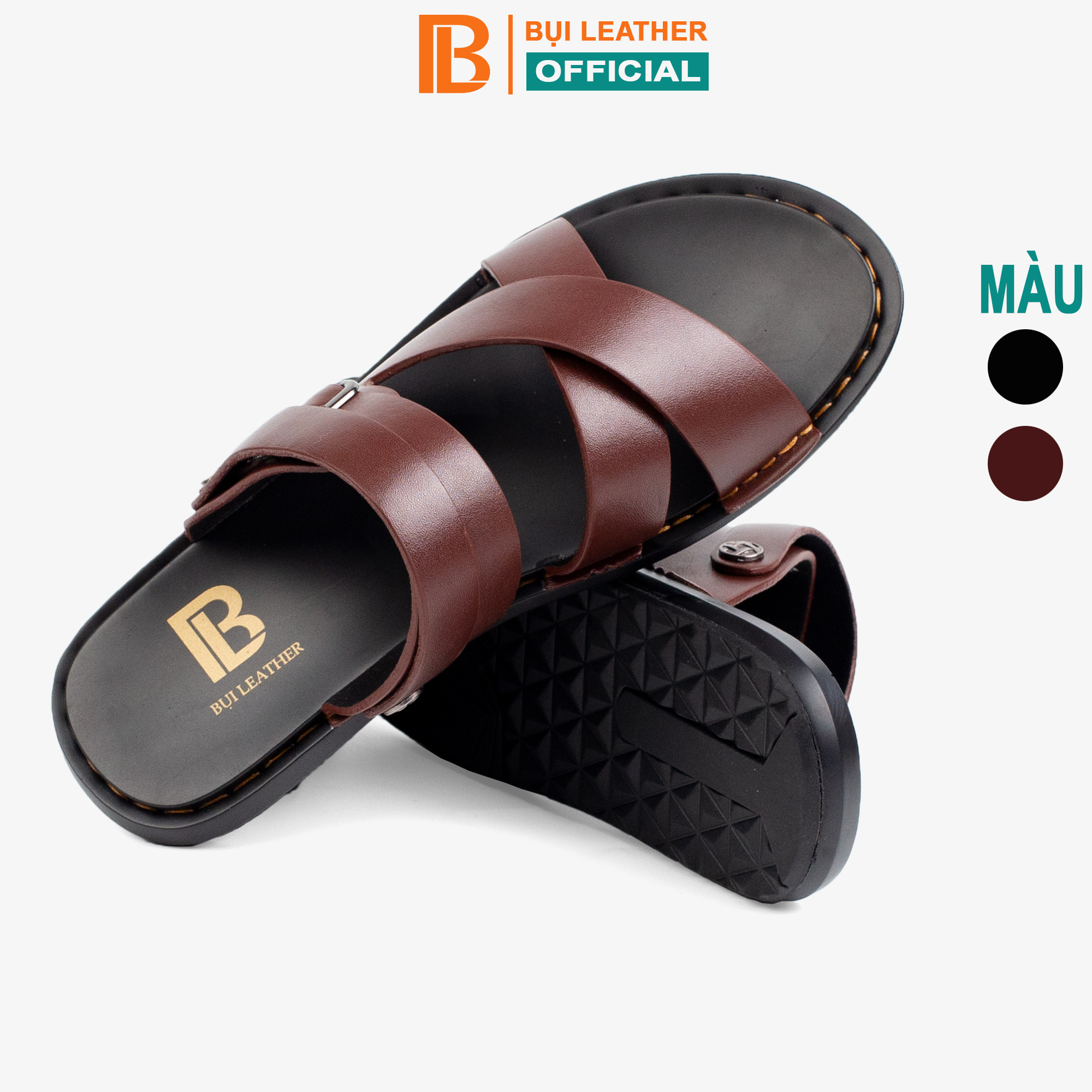 Dép Nam Quai Ngang Da Bò Nappa Cao Cấp Bụi Leather E102, Đế Đúc Nguyên Khối Khâu Viền Thủ Công Đi Êm Chân - 43 - Nâu
