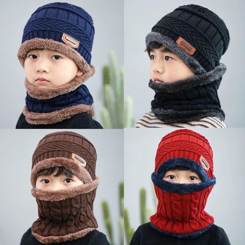 Mũ len kèm khăn cổ lót lông trẻ em siêu ấm thích hợp bé trai bé gái - Mu len khan co lot long
