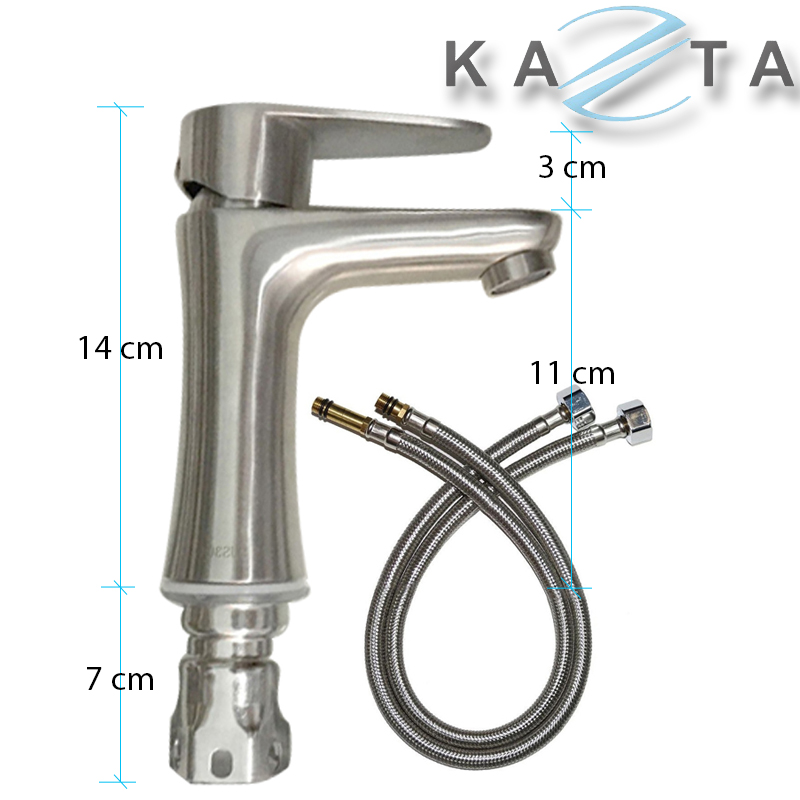 Vòi lavabo nóng lạnh Kazta KZ-E01 thân tròn inox 304 kèm 2 dây cấp nóng lạnh