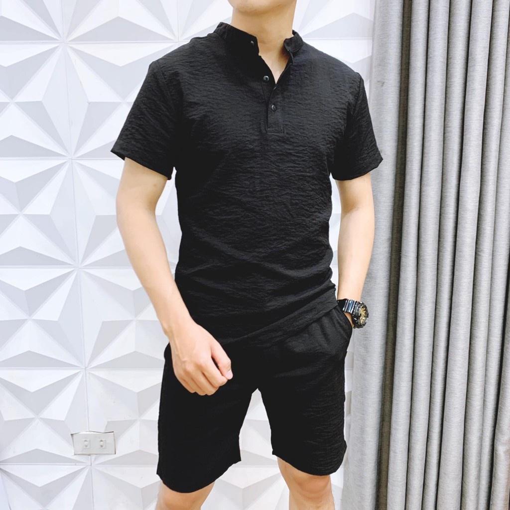Áo đũi nam cộc tay cổ trụ cao cấp hàng hiệu LUZADO, áo sơ mi đũi nam vải đũi xước chống nhăn mát mẻ.