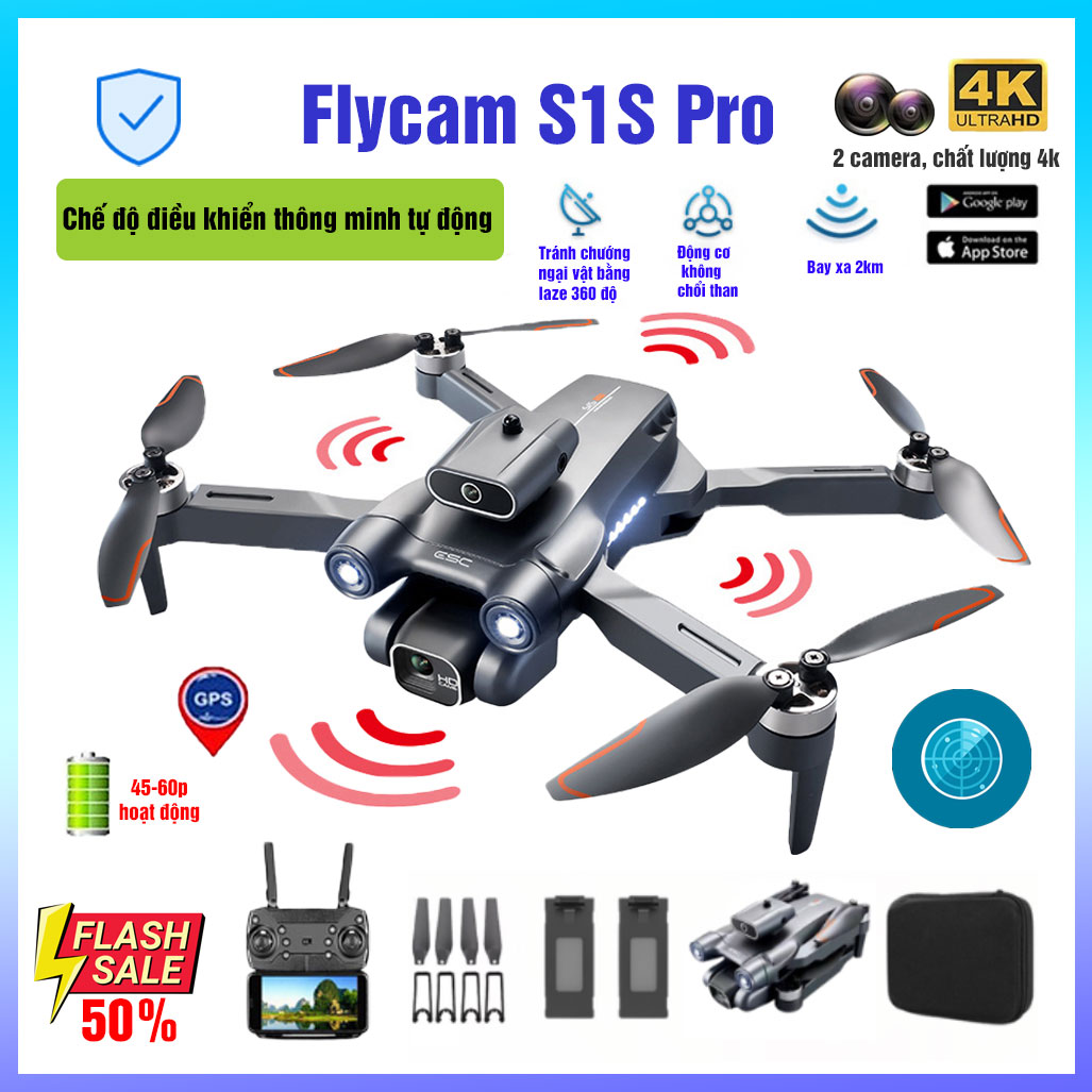 Flycam 4k Drone S1S Bay xa 2km LSRC-S1S - 2023, Máy bay không người lái RC mới 450g 4K HD Gimbal Chống rung, Tránh chướng ngại vật 360 °, Một phím cất cánh Động cơ không chổi than