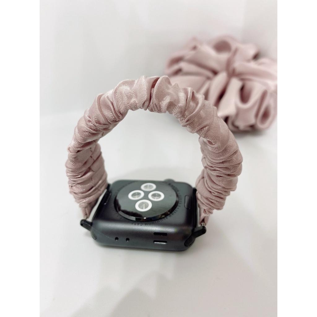 Combo dây đồng hồ apple watch và scrunchies dây cột tóc, buộc tóc vải satin lụa HỒNG Noel