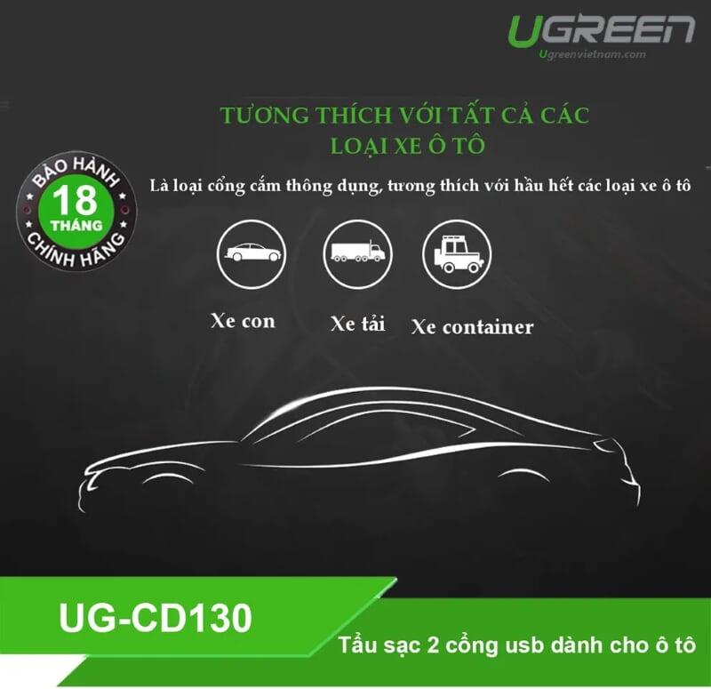 Ugreen UG30514CD130TK 48W màu Vàng Bộ sạc ô tô 2 cổng USB 2.4A + QC 3.0 - HÀNG CHÍNH HÃNG