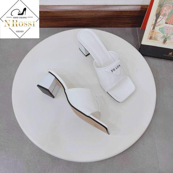 Dép cao gót đính khoá sang trọng mũi vuông cao 5 phân đen bóng size 40 41 42 43 44