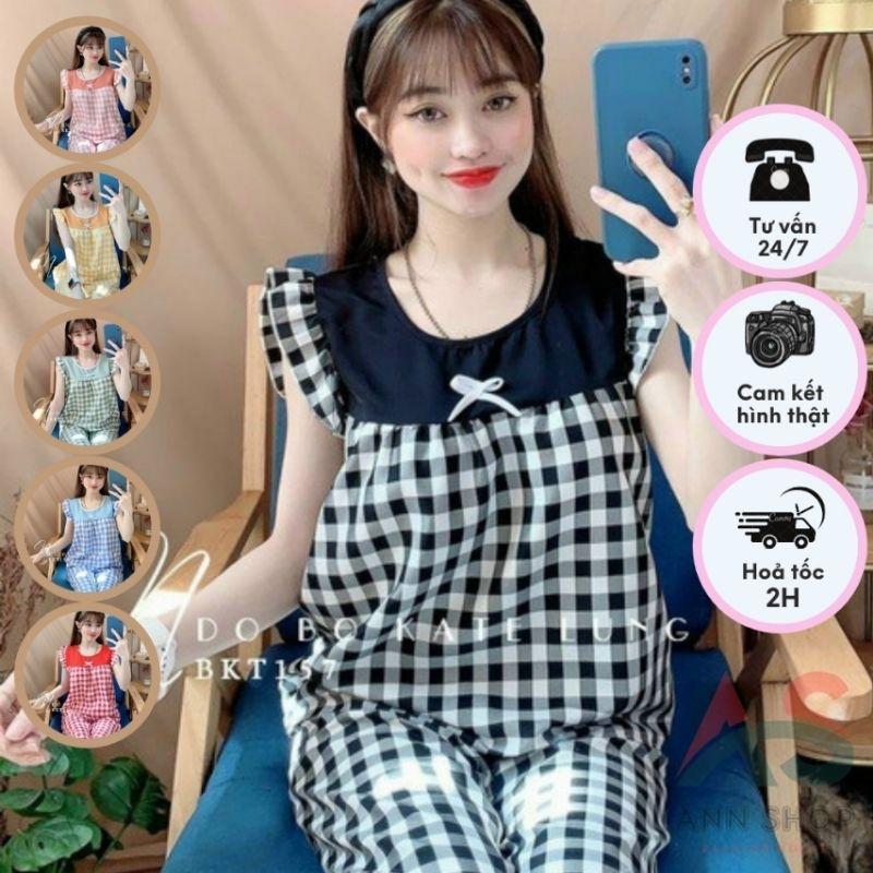Set lửng caro đính nơ áo mặc nhà , xinh xắn , kute Annshop m0020 - Xanh dương