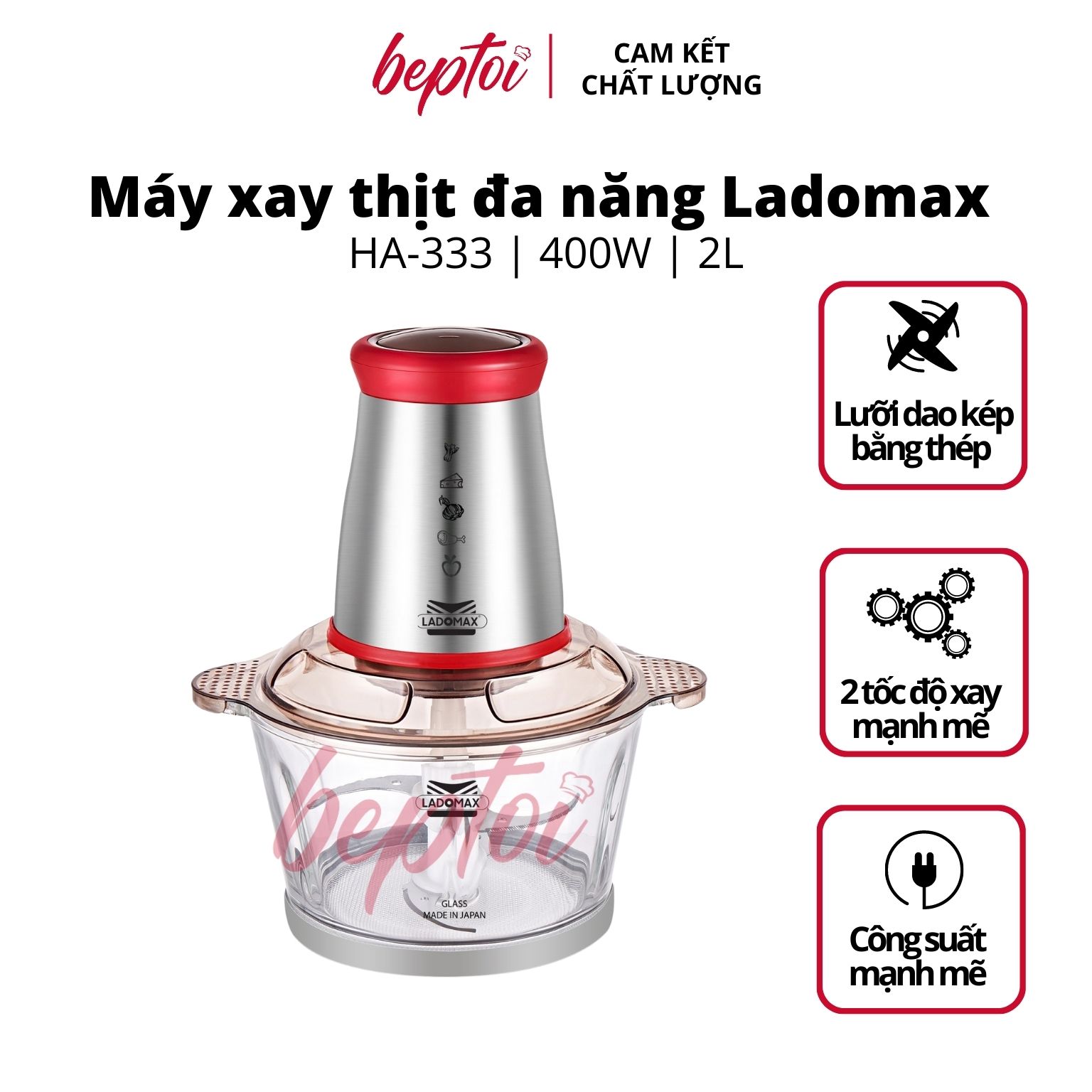 Máy xay thịt đa năng cối thủy tinh, dao inox, công suất 400W Ladomax HA-333 - Hàng chính hãng