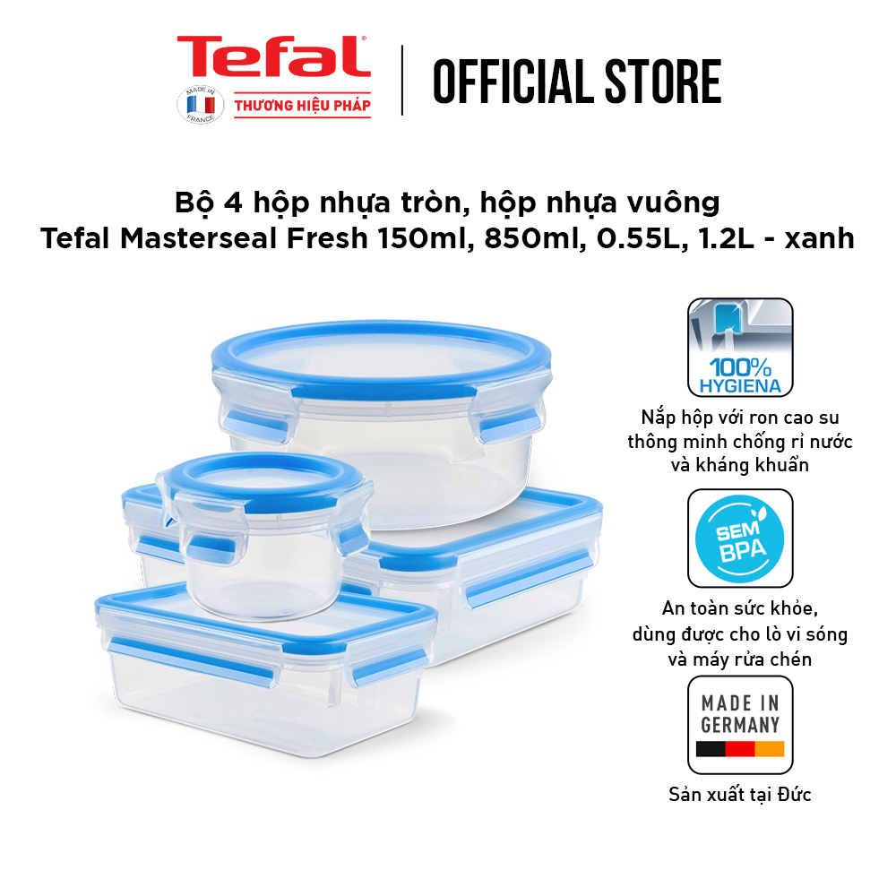 Bộ 4 hộp bảo quản thực phẩm nhựa BBA free, Tefal Masterseal Fresh, sản xuất tại Đức (150ml, 850ml, 550ml, 1200ml) - Hàng chính hãng