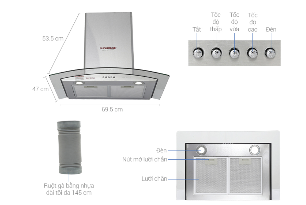 Máy hút mùi kính cong Sunhouse SHB6629-70C - Hàng chính hãng