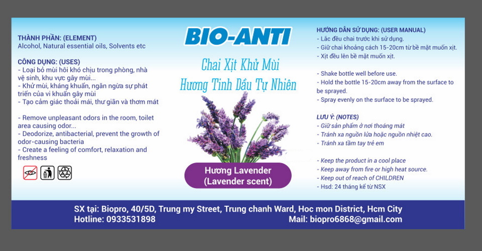 Chai xịt khử mùi diệt khuẩn hương tinh dầu tự nhiên Bio-Anti, Khử mùi phòng, Toilet, Khu vực gây mùi Giúp thơm mát