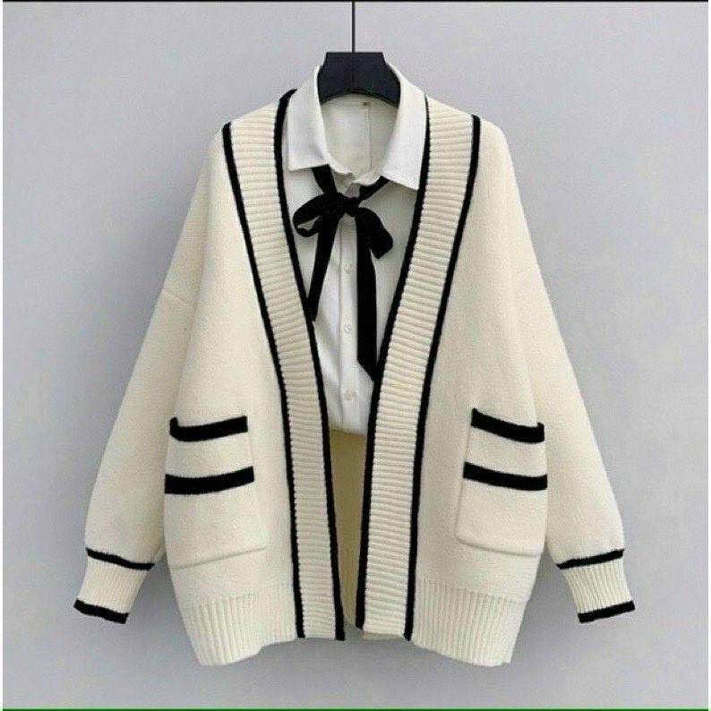 Áo khoác cardigan len viền sọc có túi thơi trang