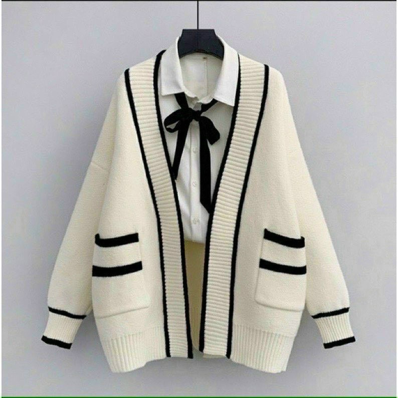 Hình ảnh Áo khoác cardigan len viền sọc có túi thơi trang