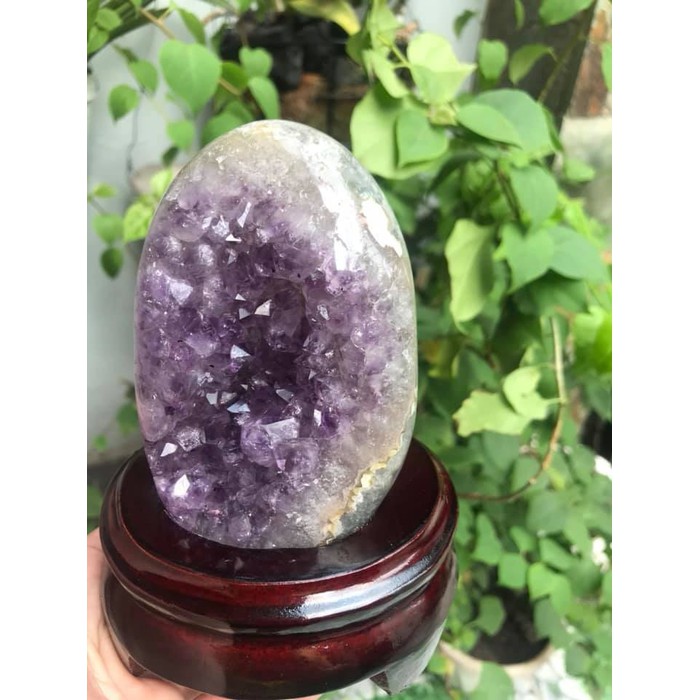 Miếng Đá Thạch Anh Tím Trái Tim Nhỏ đế gỗ Tự Nhiên Kt Cao 12cm N11cm S9cm Anh Chị Đặt Bàn Làm Việc Bàn Thờ Thần Tài May Mắn Thu Hút Tài Lộc ạ