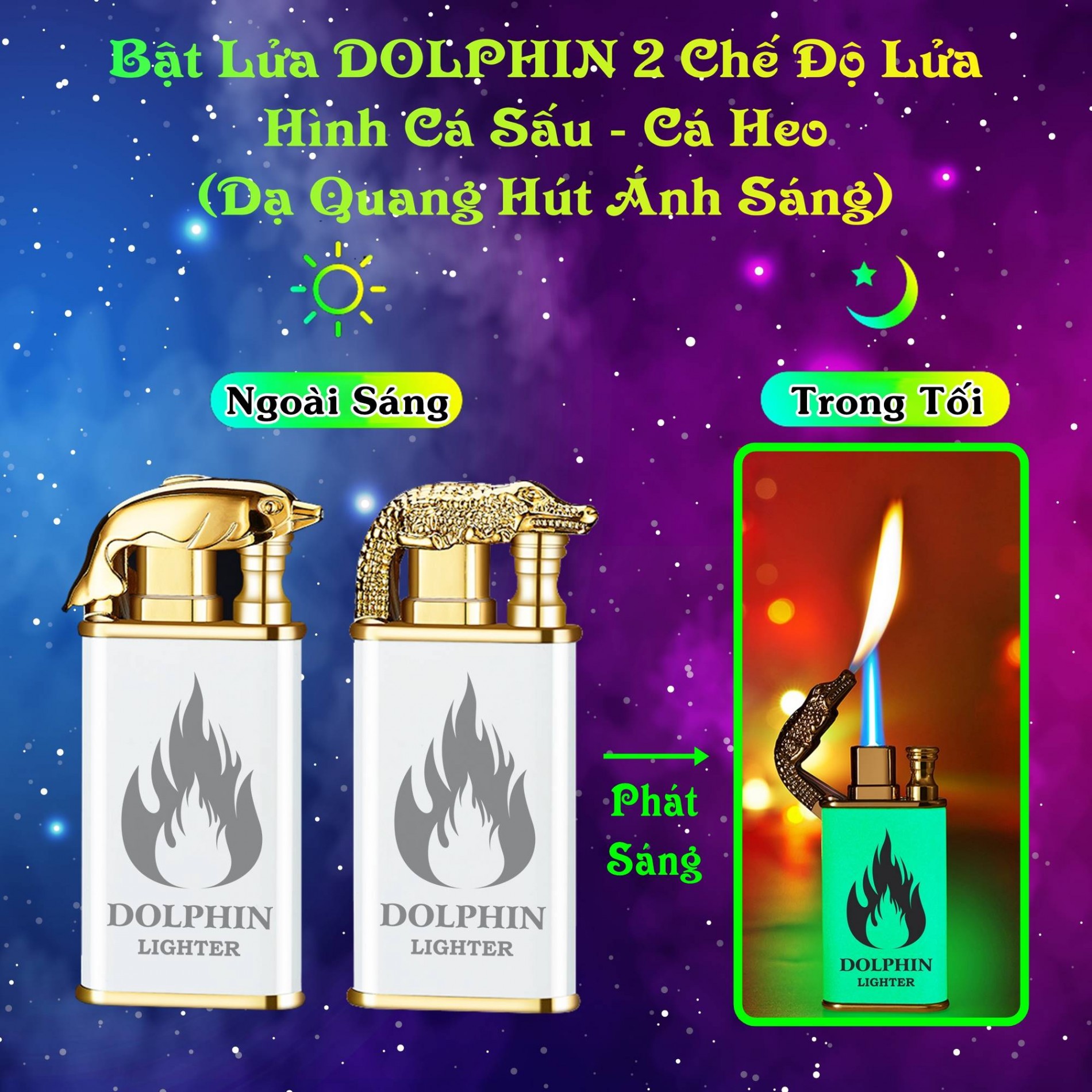 Hột quẹt bật lửa dolphin 2 chế độ lửa hình cá sấu - cá heo (dạ quang hút ánh sáng) - (xài gas)