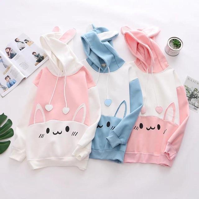 Áo hoodie nỉ lót bông nón có tai thỏ dài kute cho nữ || Hany Shop